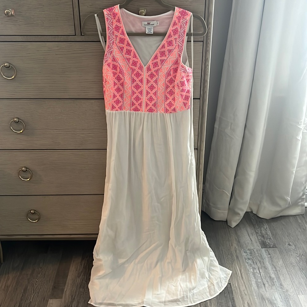 Vineyard Vines white linen and neon maxi dress